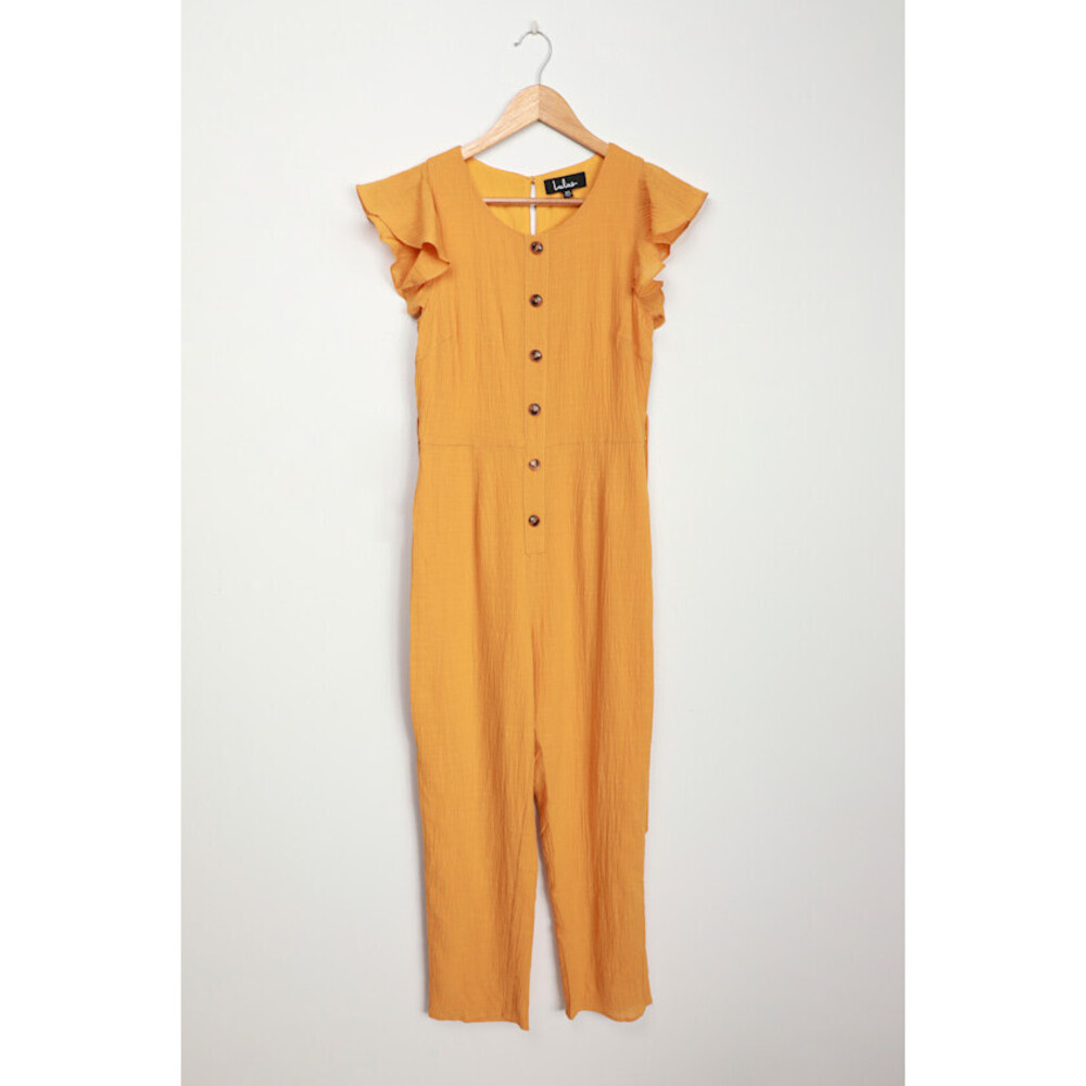 Lulus Sunny Day Dreamer Mustard Yellow Ruffled Button-front Jumpsuit - Size S